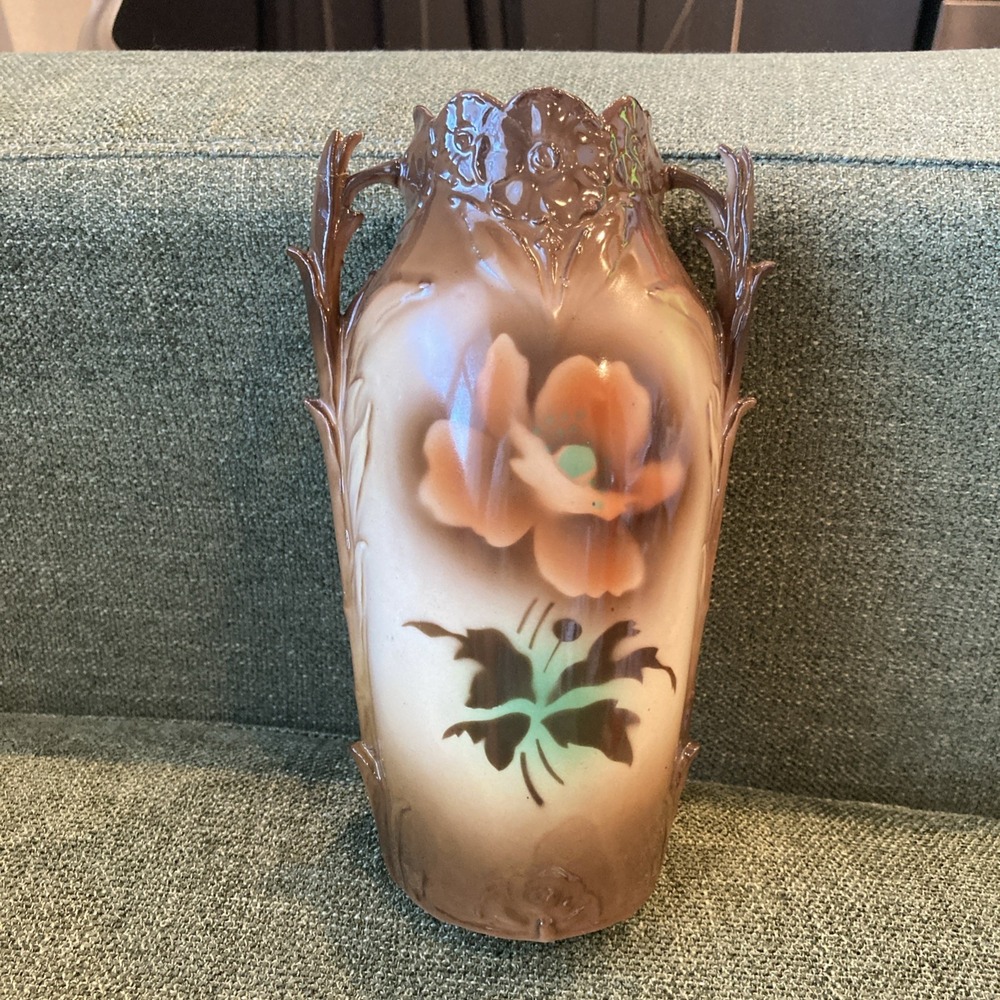 Antique Czechoslovakian Vase - Floral Airbrushed Ceramic With Ornate Handles